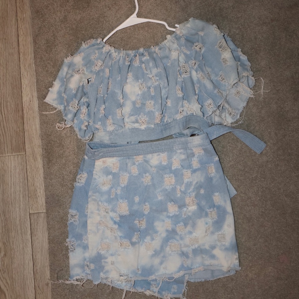 Sexy Two Piece Distressed Denim Mini Skirt Set | Fashion Nova
